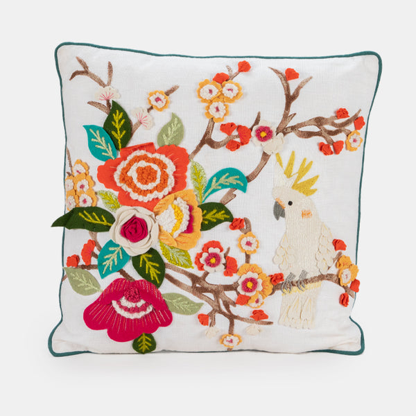 Embroidered Cushion - Cockatiel White