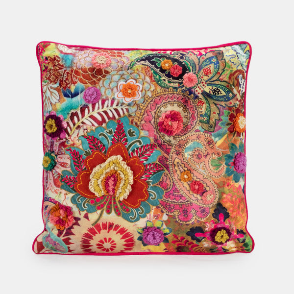 Embroidered Cushion - Paisley Pink
